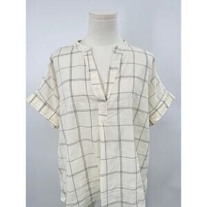 Madewell Lakeline Ivory Cream Windowpane Popover Blouse Short Sleeve Cotton L